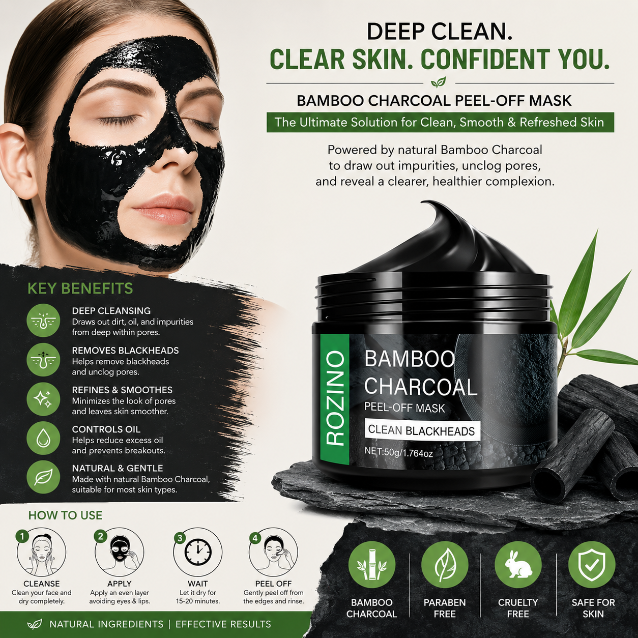 Rozino Bamboo Charcoal Peel Off Mask