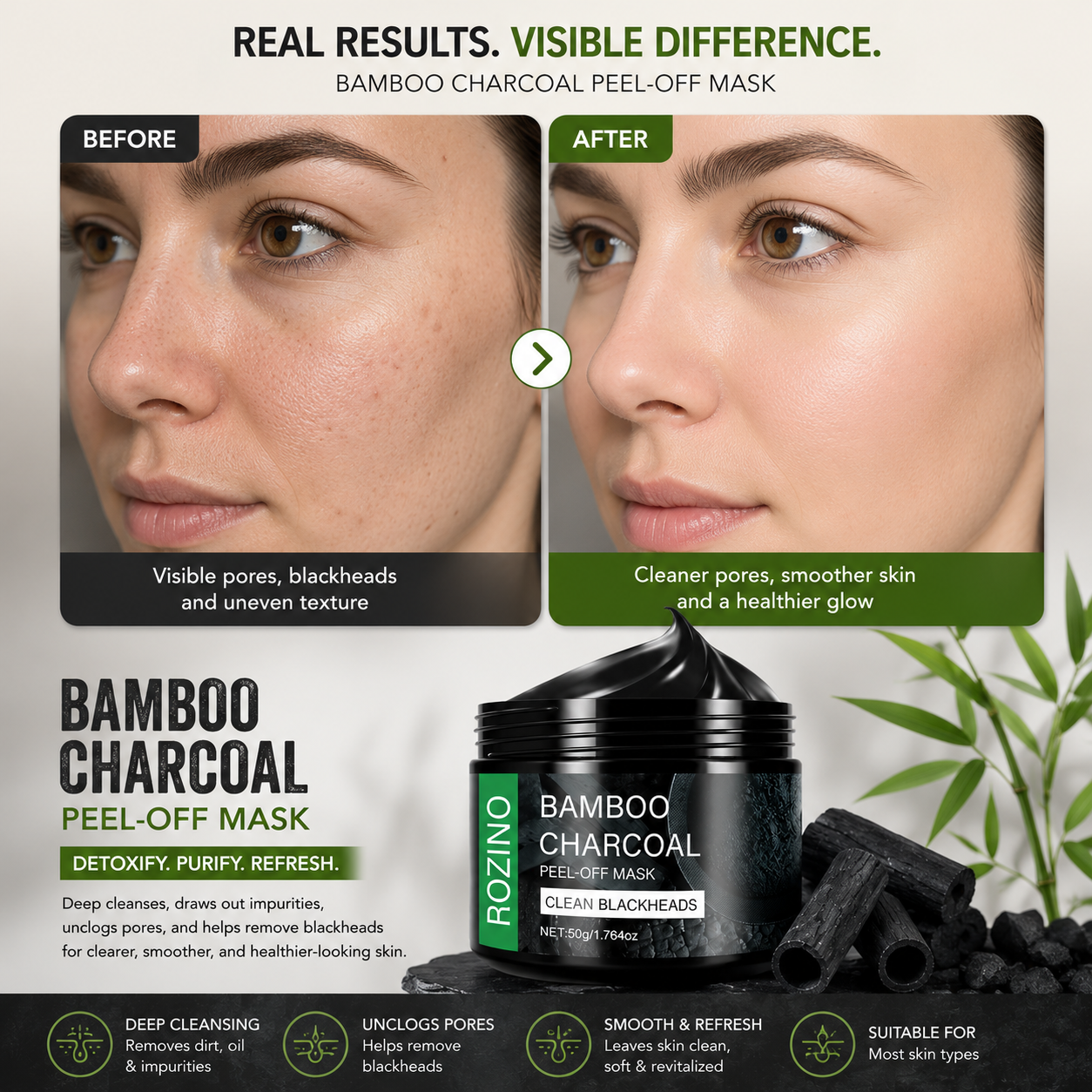 Rozino Bamboo Charcoal Peel Off Mask